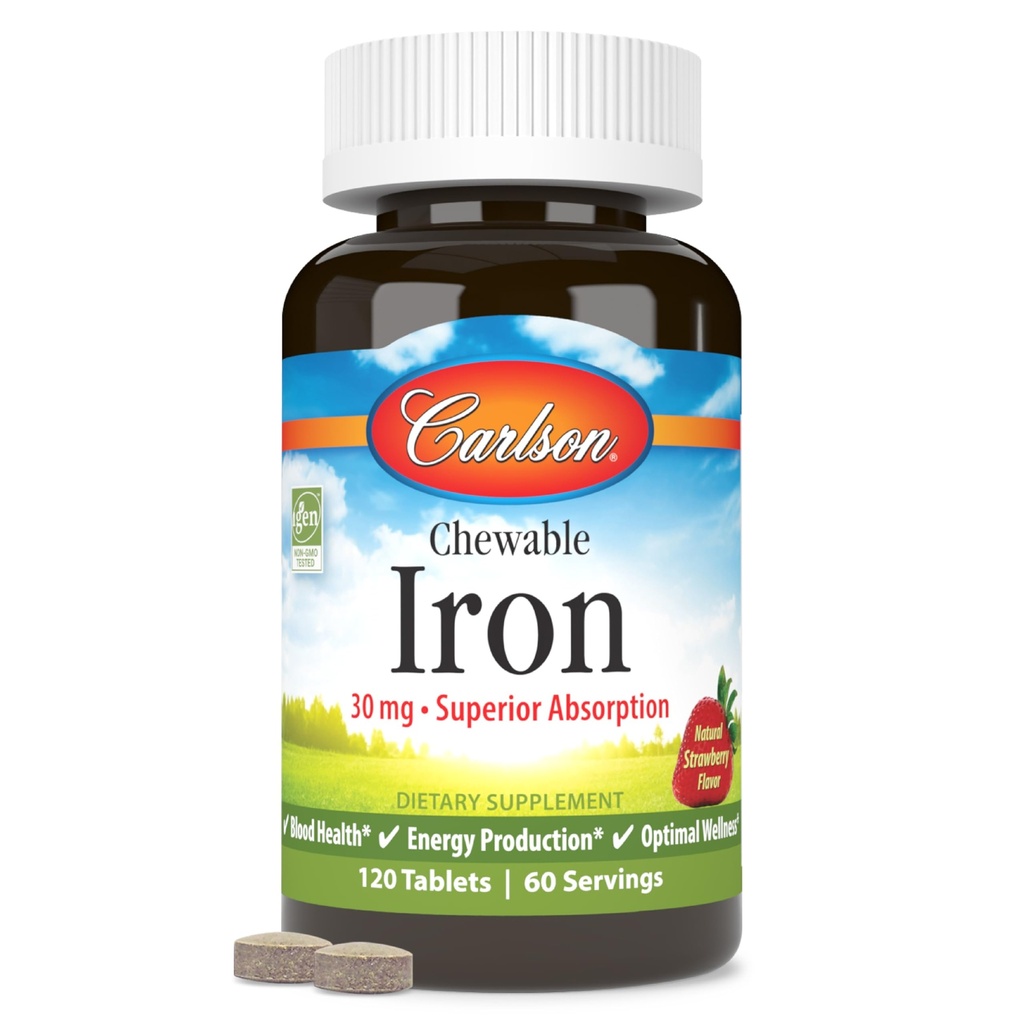 Carlson - Chewable Iron, 30 mg, Superior Absorption, Blood Health, Energy Production & Optimal Wellness, 여성 및 남성, 자연적인 딸기 풍미, 120 정제를 위한 Chewable Iron Supplement