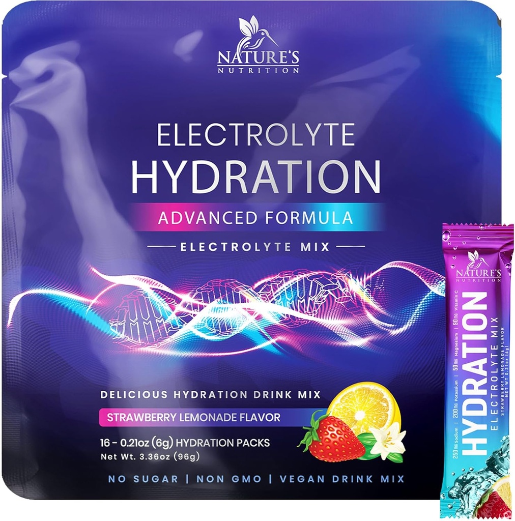 Electrolytes Hydration Packets - 칼륨, 마그네슘, 나트륨, 아연 및 비타민 C, 설탕 - 무료, Hydration Electrolyte 액체 음료 혼합, Vegan, 딸기 레몬 (16 팩)와 케토 복구 분말