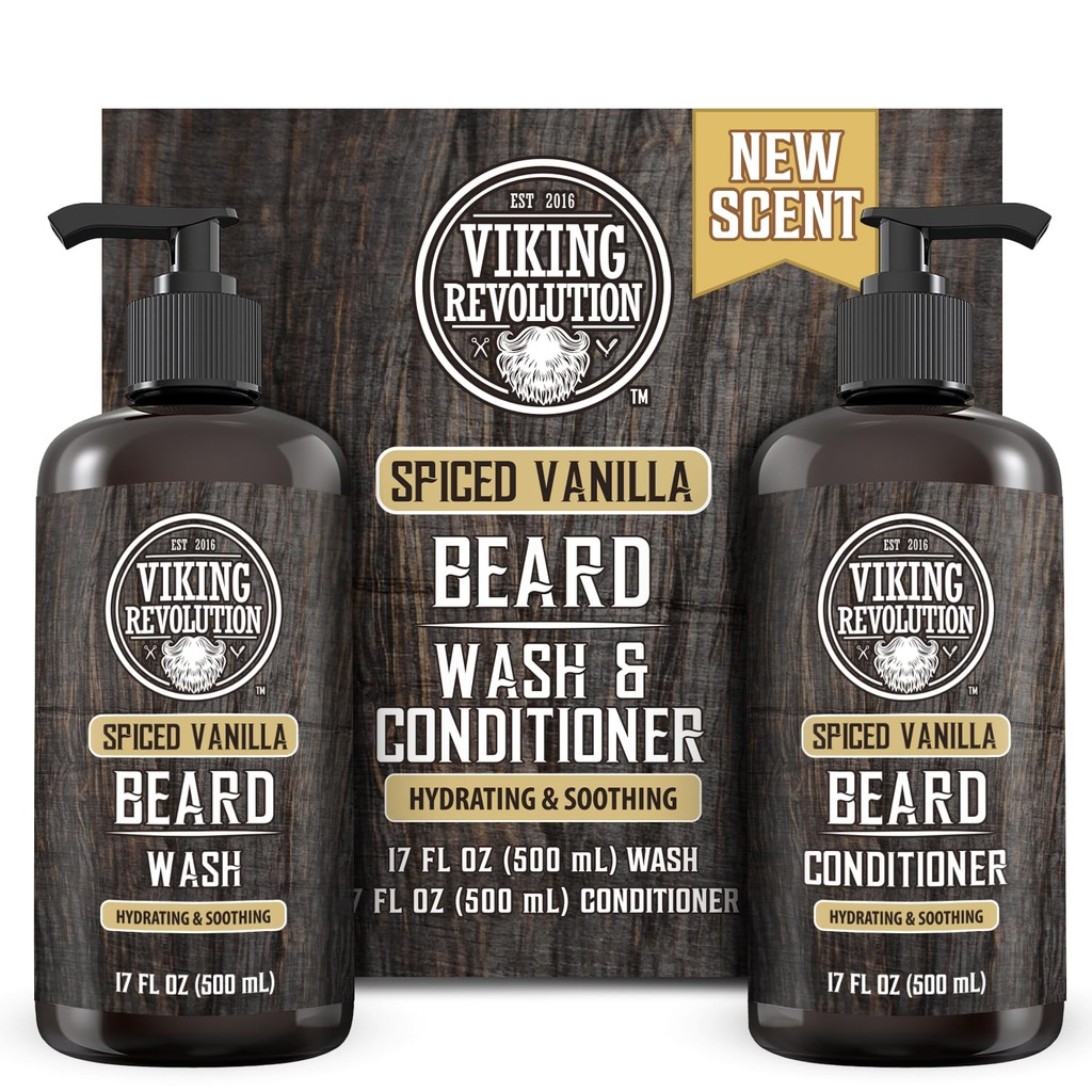Viking Revolution은 Argan Oil과 Jojoba Oil을 가진 남자를위한 세탁 및 Beard 컨디셔너 - Beard Softener 및 Strengthener Beard Care Beard 샴푸 및 컨디셔너 - Beard Oil (17oz Spiced Vanilla)