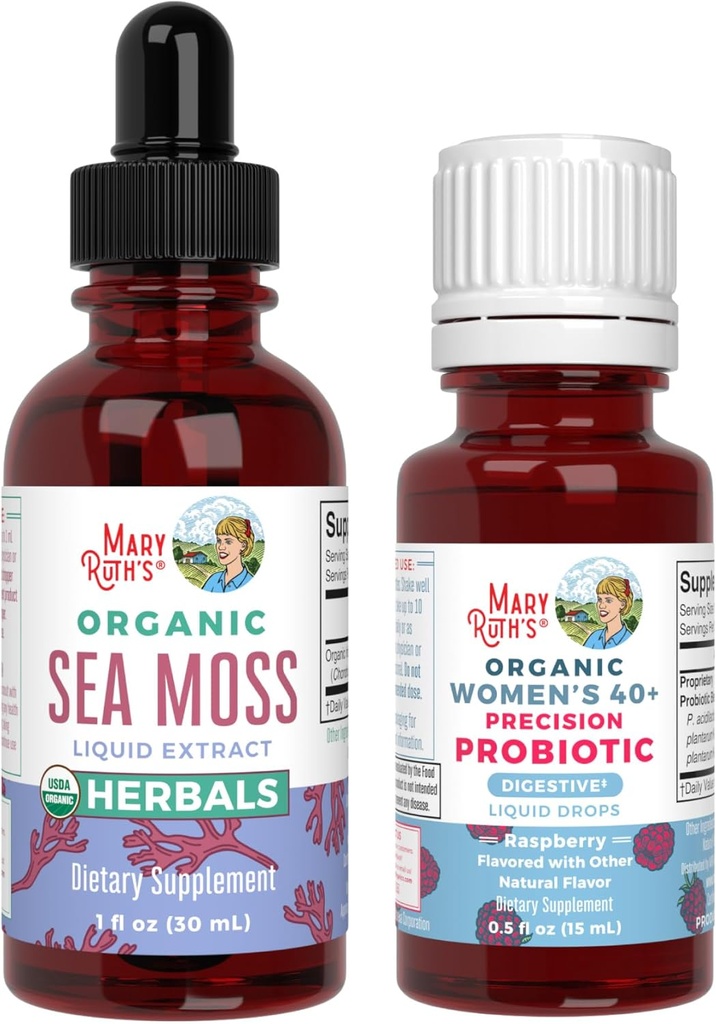 MaryRuth Organics Probiotic Digestion (Raspberry) 여성 40 + & Sea Moss Drops | USDA Organic, Clean Label Project Verified® | 과트 건강과 면역성 비타민 | Vegan, Non-GMO, 글루텐 프리