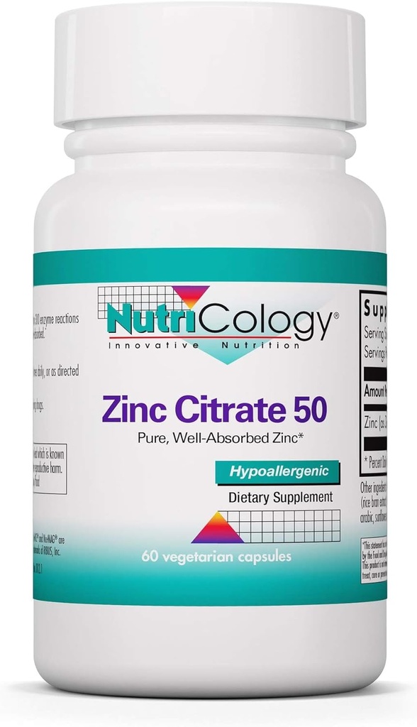 Nutricology 아연 구연산염 보충교재 - 남자 & 여자를 위한 아연, 면역성이 있는 지원, 순수한, 잘 흡수하는, Trace 무기물, 50mg 채식 캡슐 - 60 조사