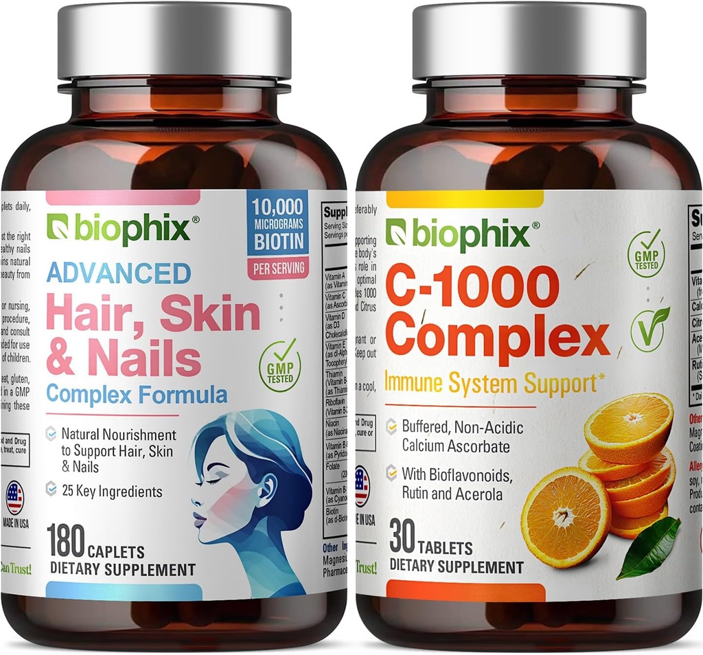 머리 피부와 손톱 Complex 180 Caplets 10000 mcg Biotin - 무료 비타민 C-1000 30 정제 - Multivitamin는 강한 손톱 아름다운 머리 건강한 시효를 지원합니다
