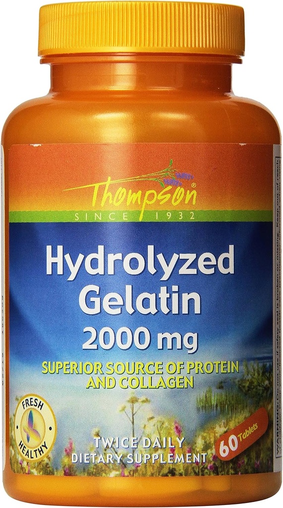 Thompson Hydrolyzed Gelatin 2000mg | 건강한 세포 및 손톱 지원을위한 Bovine-Sourced Protein & Collagen | 향상된 흡수 | 60 정제 | 2 팩