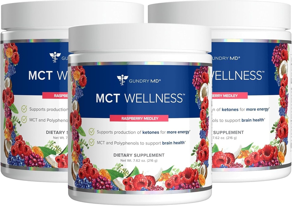 Gundry MD MCT Wellness Powder to Support Energy, 케톤 생산 및 뇌 건강, 케토 친절, 설탕 무료 (90 일 공급, 라즈베리 Medley)