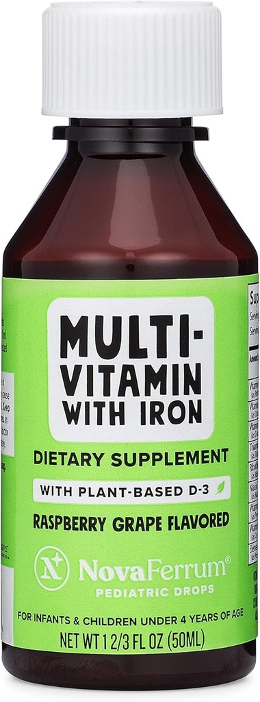 NovaFerrum Delish | Vegan Multivitamin with Iron for Infants, Toddlers & Kids | Immune Support | 유기농 플랜트 기반 D-3 | 글루텐 프리 | Vegan Verified | 슈가프리 | 1.69 Fl Oz (50 mL)