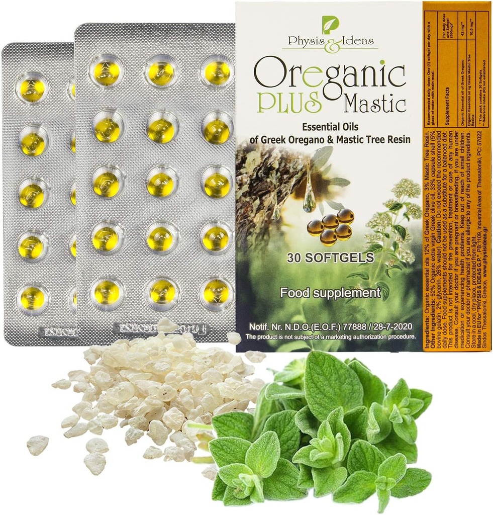 Oreganic Plus Mastic - Oregano Essential Oil Capsules & Chios Mastic Gum Oil - Wild Oregano Oil Capsules Organic - Immune Booster 및 Intestinal Support - Non-GMO - 30 카운트 블리스트