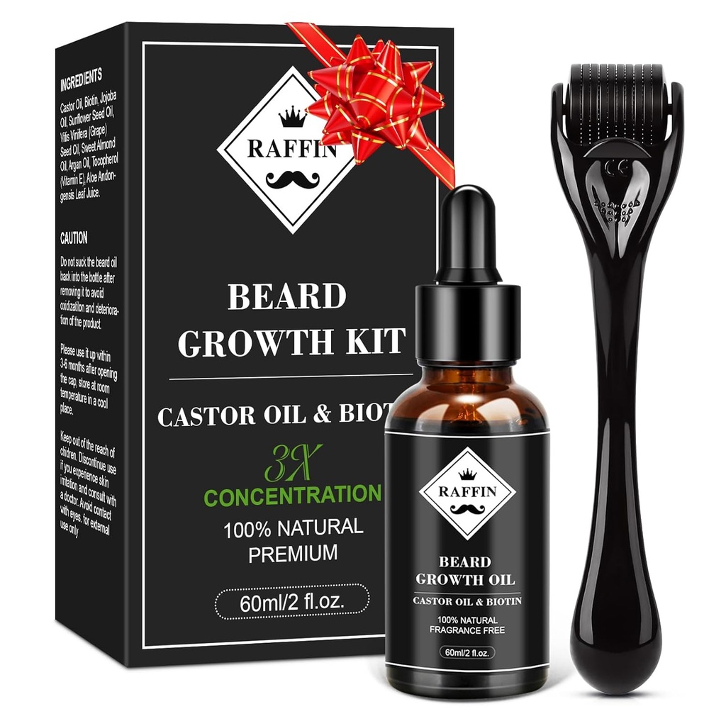 RAFFIN Beard Growth Kit, 업그레이드된 Beard Growth Oil (2Oz) w/Maximum Thickening Biotin & Castor Oil for Spot/Patchy Beard, Fuller, Thicker & Healthier Beards, HEGO Boyfriend 남편 아빠의 선물