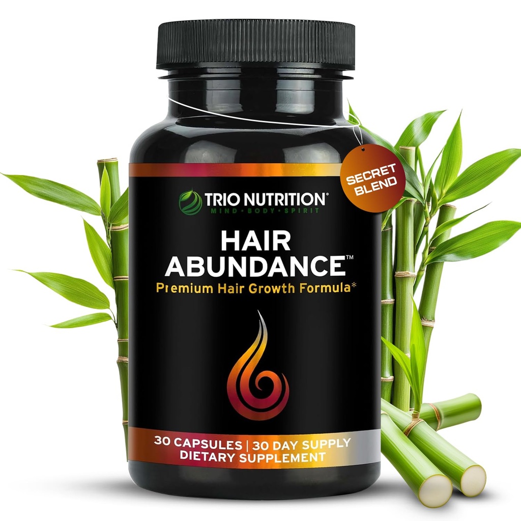 TRIO NUTRITION Hair Abundance | 모발 성장, 강한 손톱 및 매끄러운 피부를 위한 자연적인 비타민 보충교재|콜라겐, 케라틴, 아연 및 셀레늄으로 부스트 | Biotin 10000mcg | 30 일 공급