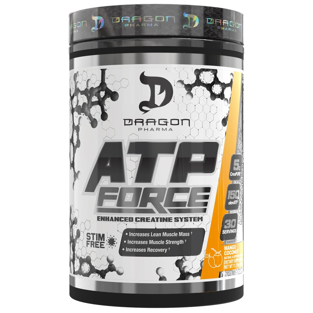 DRAGON PHARMA ATP 힘은 크레아틴 체계, 자극 자유로운, 증가 Lean 근육 질량 & 회복, CreaPure의 5개 그램, 개량합니다 혈액 교류 (30의 서빙, 망고 코코넛)를 강화했습니다