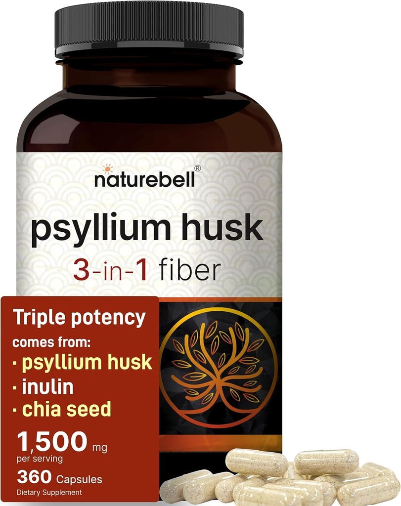 NatureBell Psyllium Husk Fiber Supplement, 1,500mg Per 서빙, 360 캡슐 | Inulin & Chia Seed | Digestive & Gut Health를 위한 유기 수용성 섬유 | 식물 기반, 비 GMO, 글루텐 프리