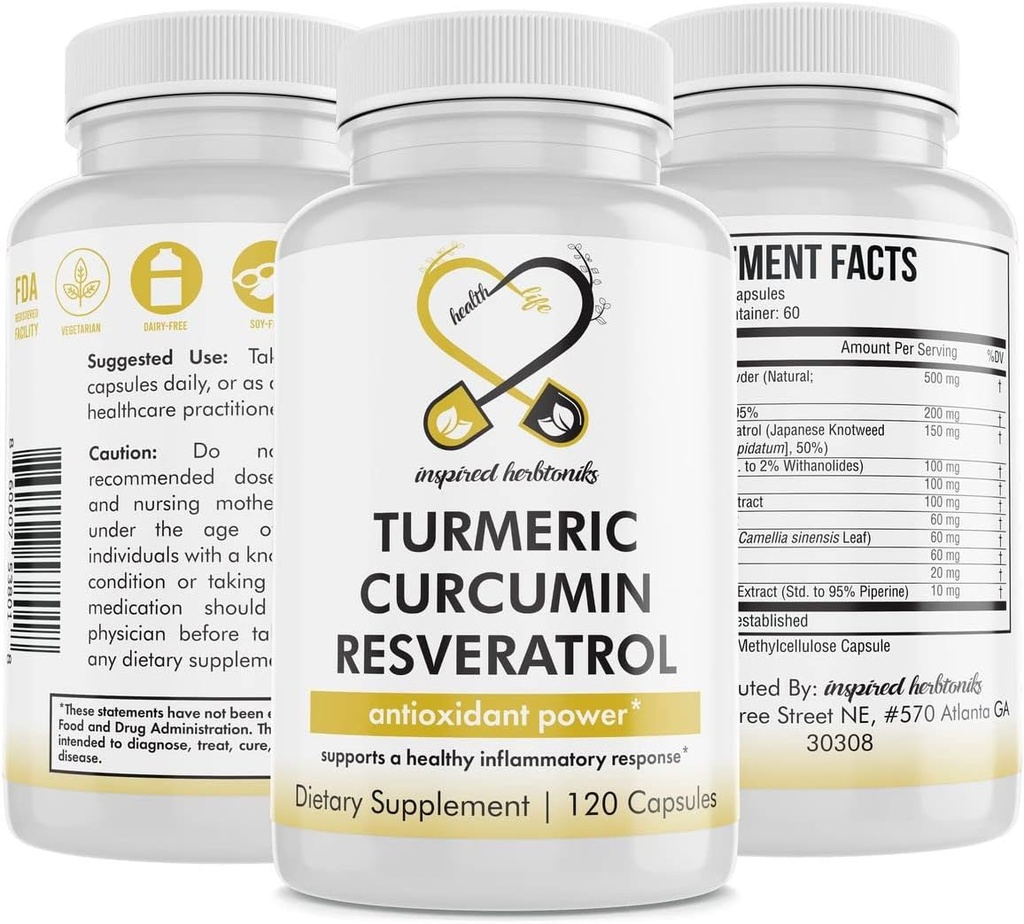 심황 Curcumin Resveratrol 영양 보충교재, 산화 방지제 재산, 지원 좋은 염증 및 면역 체계, 120 Vegan 캡슐