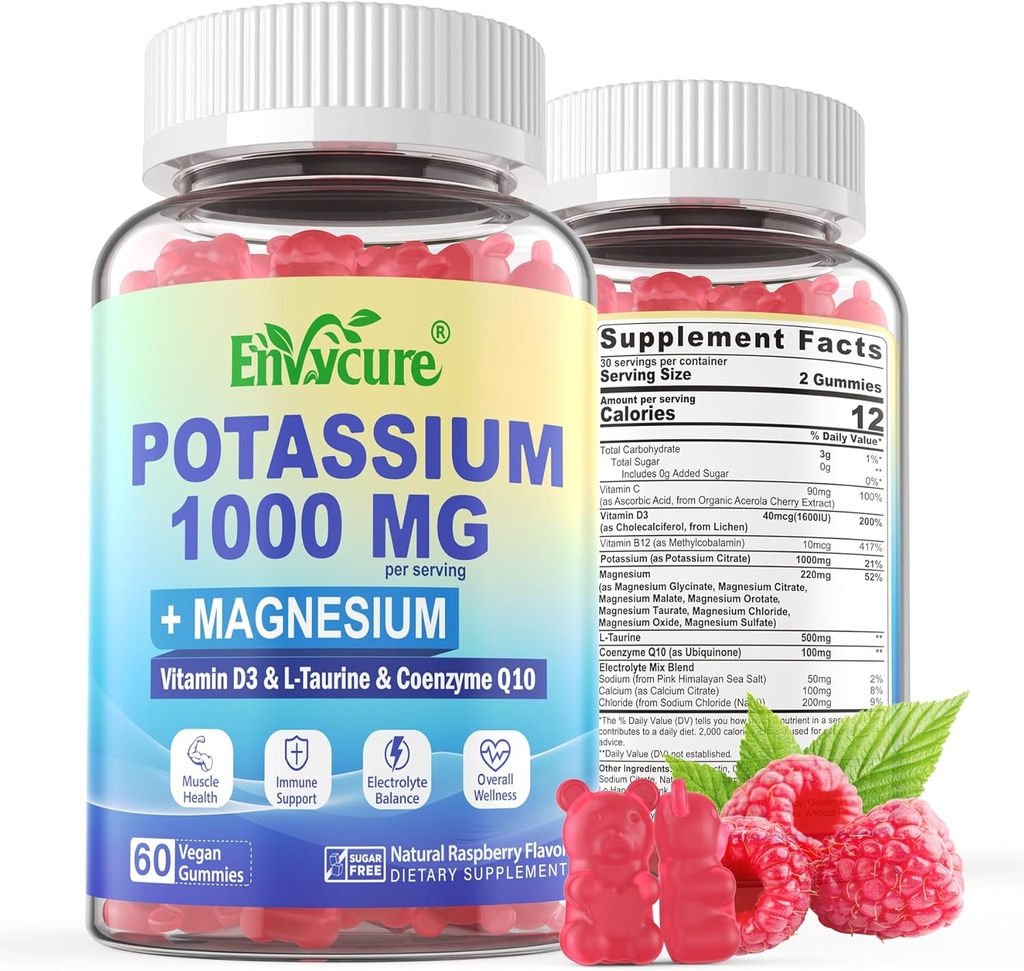 칼륨 보충교재 Gummies - 마그네슘 Complex/Glycinate/Citrate, Coq10, L-Taurine, B12, D3–Electrolyte, 에너지, 두뇌를 가진 1000mg 칼륨 구연산염 - 성인을 위한 칼륨 마그네슘 보충교재, 2Pack
