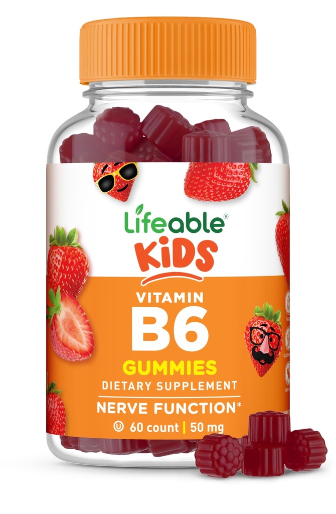 아이를 위한 Lifeable 비타민 B6 Gummies | 훌륭한 타스팅 B6 비타민 50mg | Vegan Non-GMO Gluten Free | Nerve Function Support | 60 Gummies