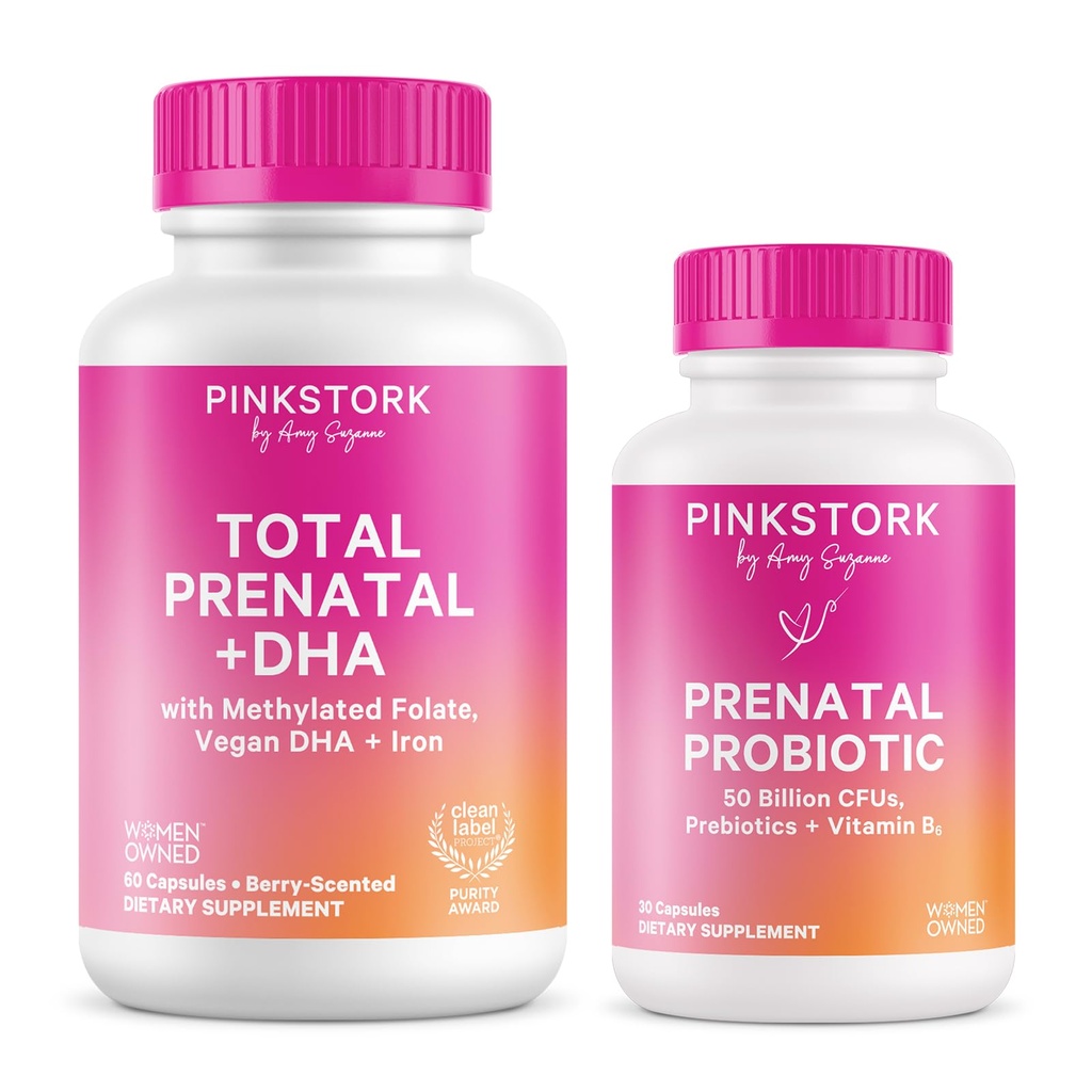 핑크 Stork Prenatal 비타민 듀오 : 임신 한 여성을위한 Prenatal 비타민 및 Probiotics - DHA, Folate, 비타민 B6 및 더 많은 - 2 제품, 90 캡슐과 태아 개발 지원