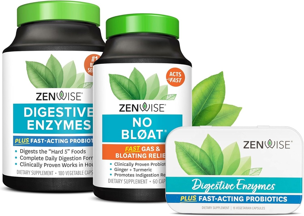 Zenwise Health Digestive Enzymes, No Bloat, and Free Travel Tin with Probiotics for Digestive and Gut Health | 여성과 남성을위한 완화