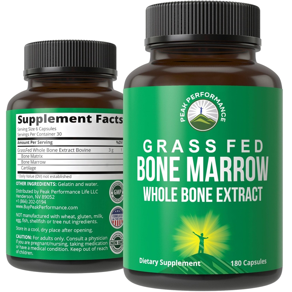 Peak Performance Grass Fed Bone Marrow - 전체 뼈 추출물 보충 180 캡슐 Superfood Pills Rich in Collagen, 비타민 및 아미노산. Bone Matrix, Marrow, Cartilage에서. Ancestral 정제
