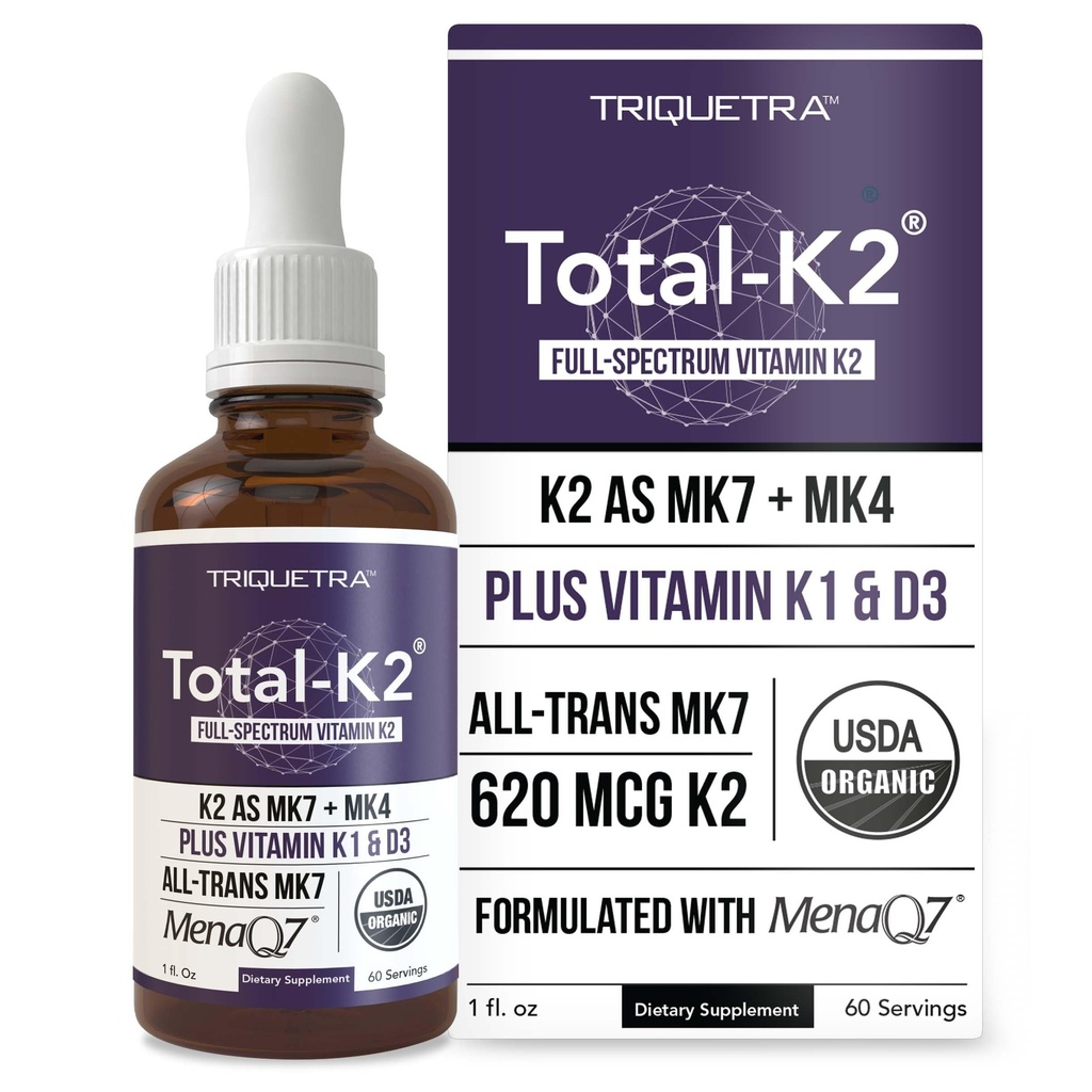 Total K2® | 비타민 K2 as MK7 & MK4 | Plus K1 & 비타민 D3 Cofactor - 620 mcg K2 per 서빙 - MenaQ7® - Full-Spectrum Vitamin K - Vegan, Organic Certified (Liquid 1 oz)