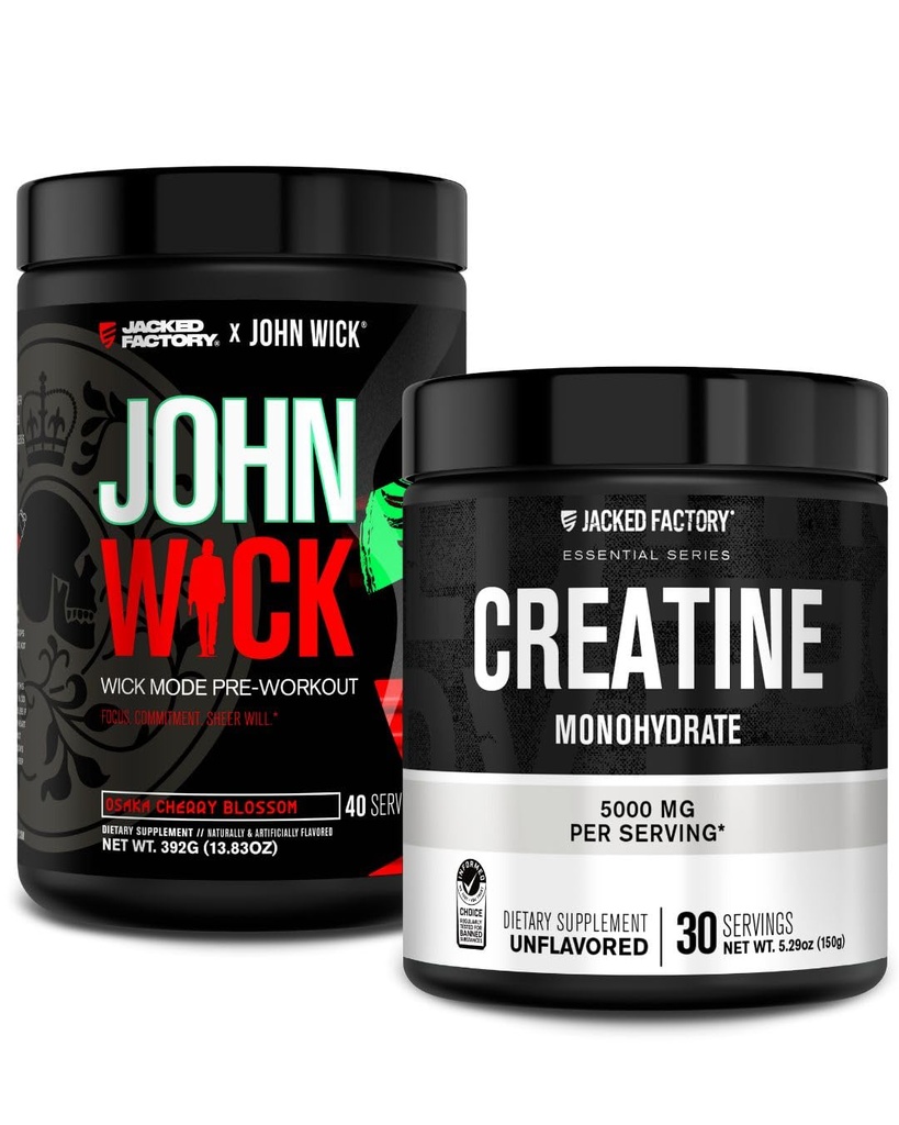 Jacked Factory X John Wick - Wick Mode Pre Workout Powder (오사카 벚꽃, 40 인분) & Creatine Monohydrate Powder (불꽃, 30 인분)