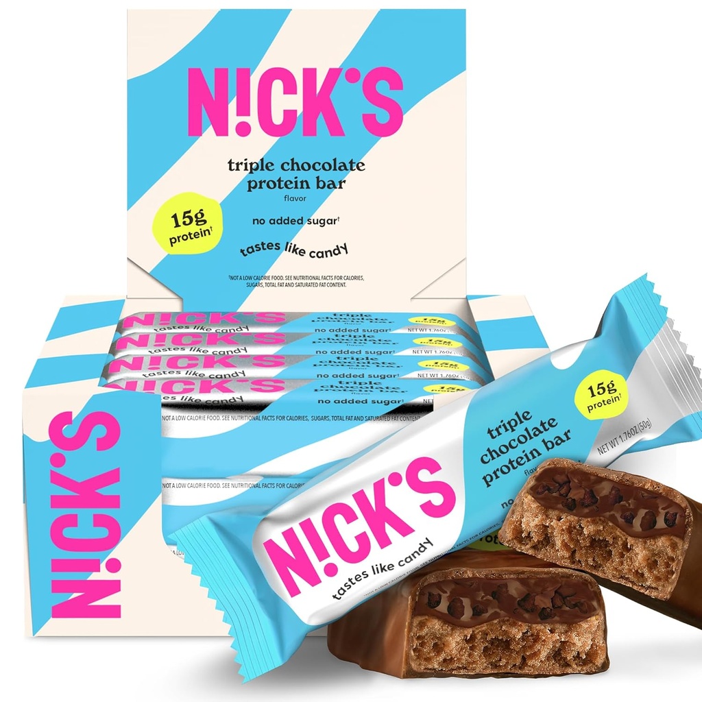 Nick 's Triple Chocolate Protein Bars – 12-Count Box | 고단백, 저 칼로리, 낮은 탄수화물, Keto Friendly, 추가 설탕 없음