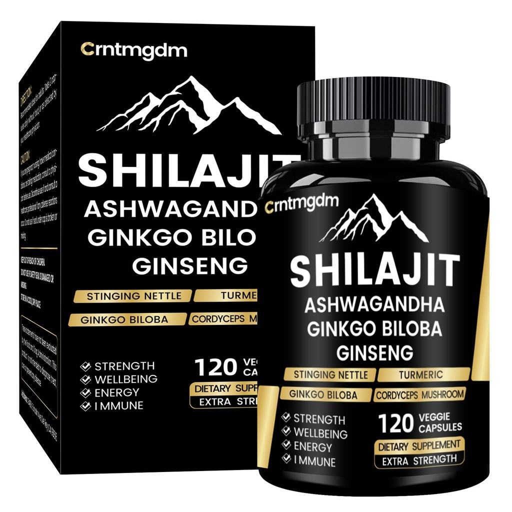 Shilajit 캡슐 - Ashwagandha를 가진 남자 & 여자를 위한 20,000mg 순수한 Himalayan 유기 Shilajit, 지원 활력 및 웰빙, 우수한 Shilajit 순수한 Himalayan 보충교재, 120의 캡슐
