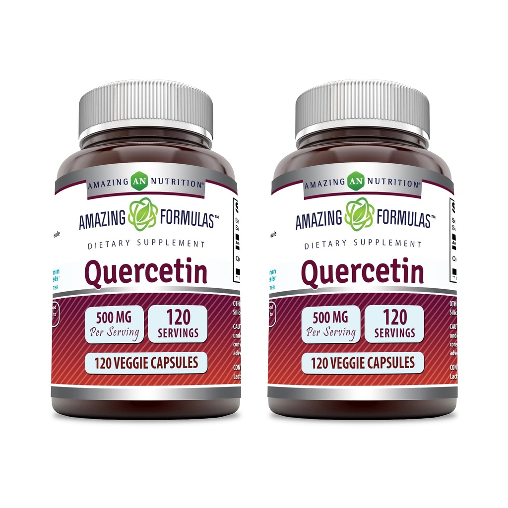 Amazing Formulas Quercetin 500mg Veggie 캡슐 보충 | Non-GMO | 글루텐 무료 | 전반적인 건강 및 웰빙 지원 (120 카운트 | 2 팩)