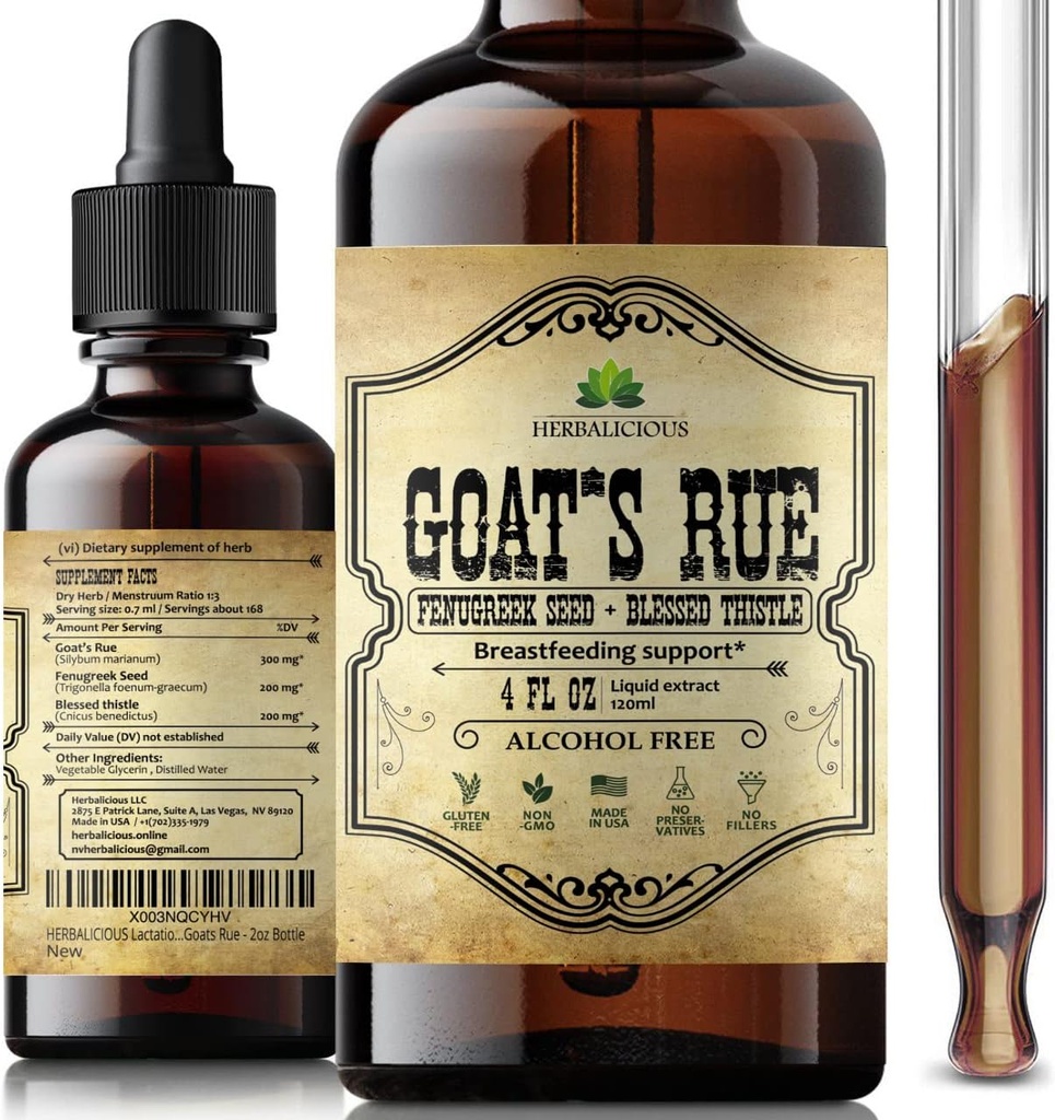 HERBALICIOUS Goat의 Rue Liquid Extract 4 fl oz - 염소의 Rue, Fenugreek Seeds, Blessed Thistle가있는 자연 초본 Tincture - 증가 된 Breast Milk 용 알코올 무료 비 GMO Lactation 보충
