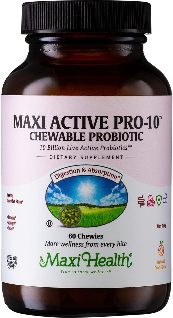 Maxi Health Active Pro-10 Kids Probiotic Chewables – Digestive & Immune Health 용 15 Strains – 10 억 probiotic Blend- Dairy-Free, Kosher – Gut Health 지원, 채식 – 60 ct (Shelf Stable)