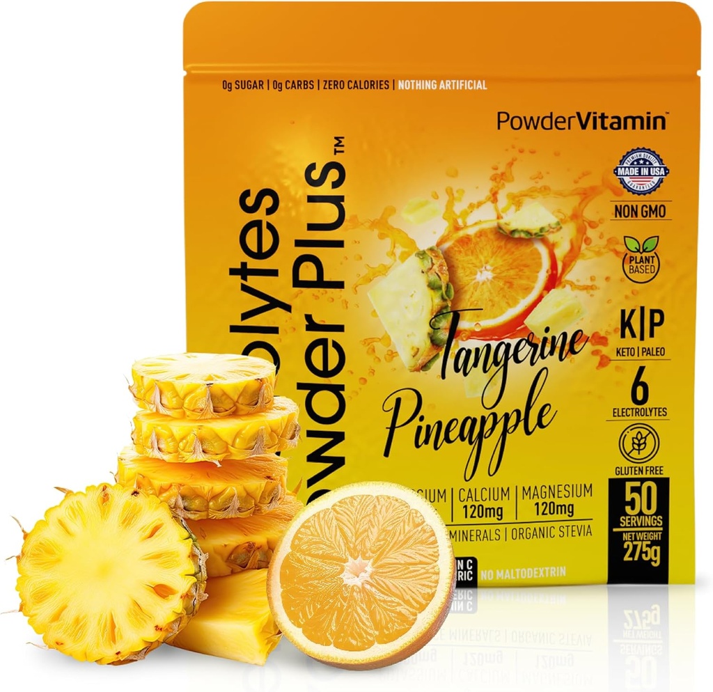 PowderVitamin Electrolytes 분말 플러스 (50 인분) Tangerine Pineapple Electrolyte 분말 0 Calorie Keto, 0 설탕, Maltodextrin 없음, 1000mg 칼륨, 120mg 칼슘, 120mg 마그네슘, 하이드로 션 분말