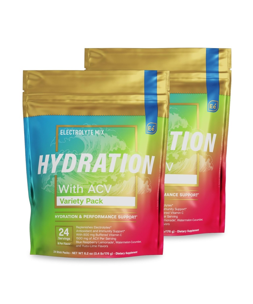Essential Elements® Hydration Packets - 다양한 팩 - 전해질 분말 설탕 없음 - 전해질 음료 혼합 - ACV 및 비타민 C - 48 스틱 팩과 뛰어난 수분 공급