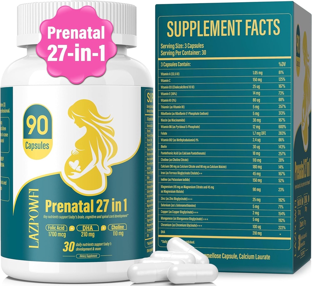 Prenatal Vitamins for Women Postnatal Multivitamin with Folic Acid DHA Choline for 임신 및 모유 수유 여성 Niacinamide Biotin and Minerals 27 in 1 Supplement 90 캡슐 - 30 서빙