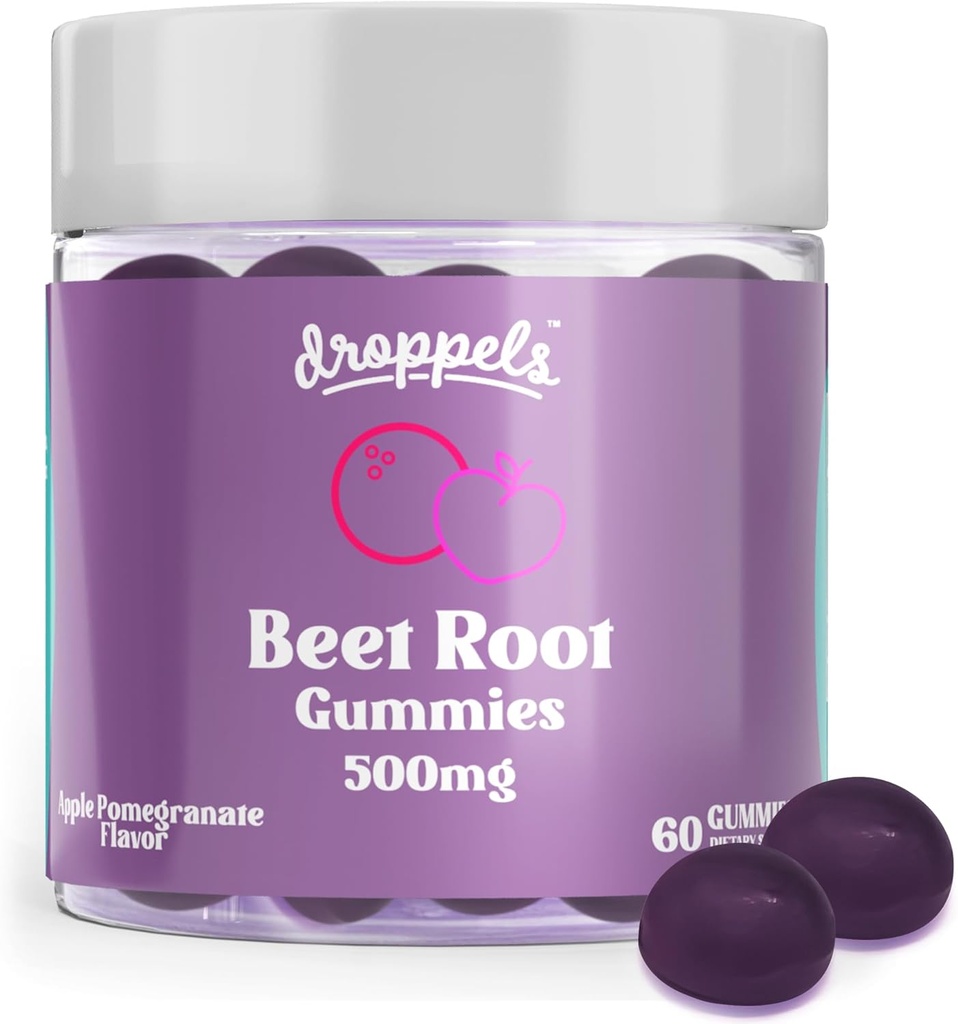 Beetroot 분말 500mg, 포도씨 추출물 300mg, 비타민 B12 & Niacin를 가진 Droppel Beet 뿌리 Gummies | Vegan, Pectin-Based & Non-GMO Beetroot 보충교재, Apple Pomegranate 풍미, 60 조사