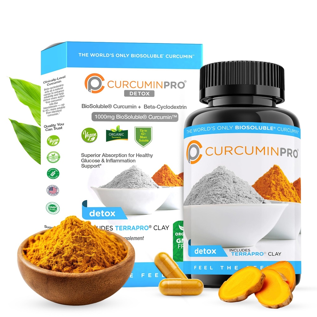 curcuminpro Detox 캡슐 | 생물 수용성 BCD 및 천연 벤토나이트 클레이를 함유한 유기 심황 보충 | 높은 흡수 Vegan Curcumin Blend for Gut and Heart Wellness | 60 Count