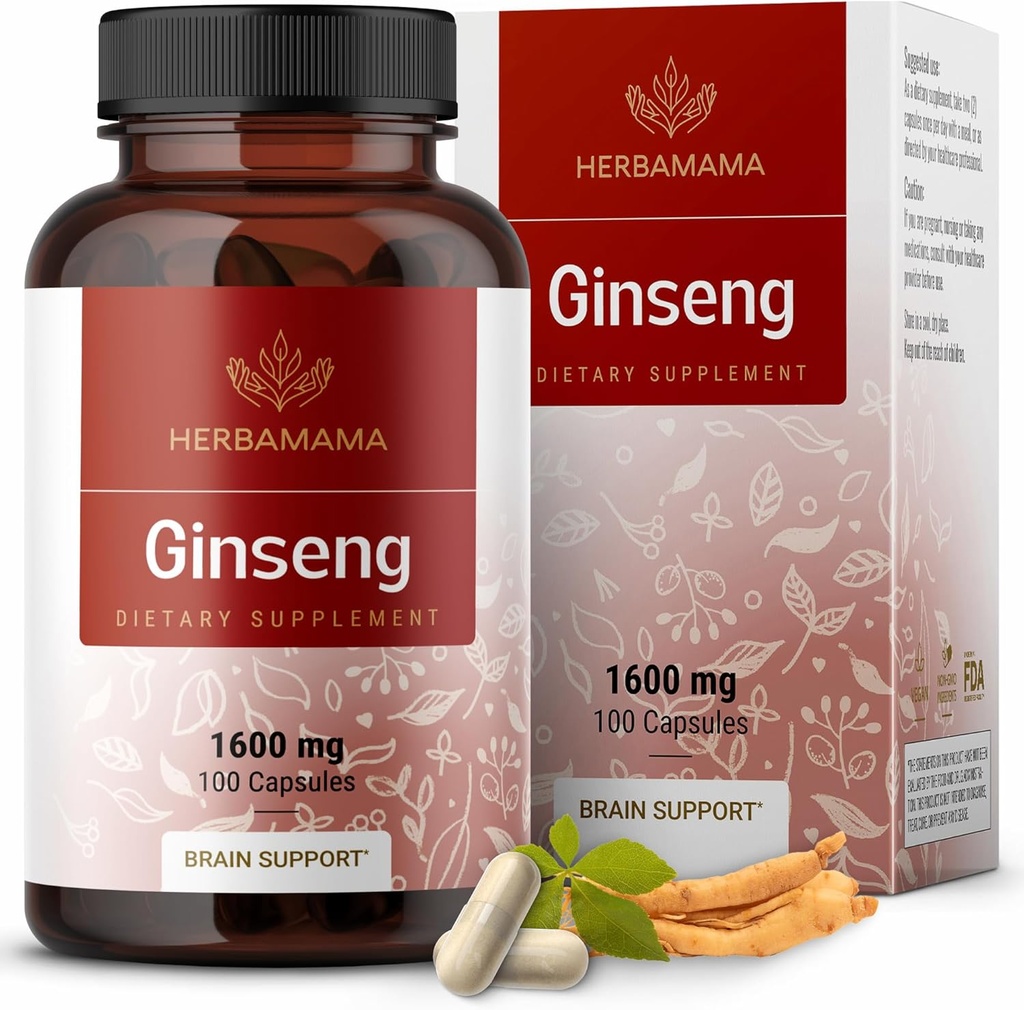 HERBAMA 한국 Panax 인삼 캡슐 - 1600mg 빨간 인삼 뿌리 - Vegan, Non-GMO 한국 빨간 Panax, 100 모자
