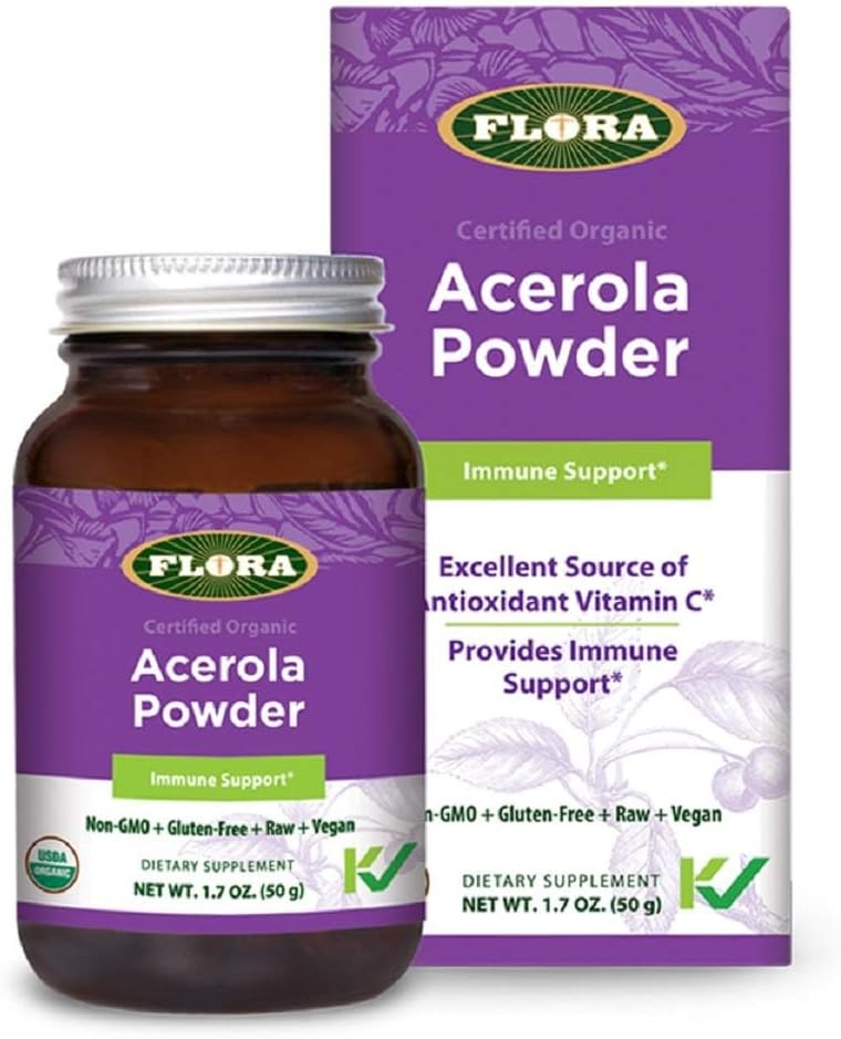 Flora - Acerola 분말, 비타민 C, 글루텐 무료 & Vegan 비타민 C 산화 방지제 분말, 1.7-oz를 가진 매일 면역 부스터. 유리 병