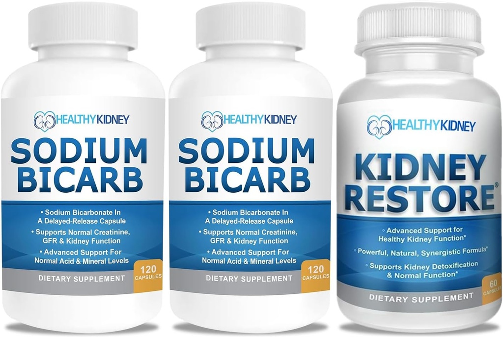 산성 기복을 위한 나트륨 중탄산염 650mg 캡슐, 알칼리성 120 알약 2-Pack + Kidney Restore Kidney Cleanse와 Kidney 건강 보충교재, 60의 모자
