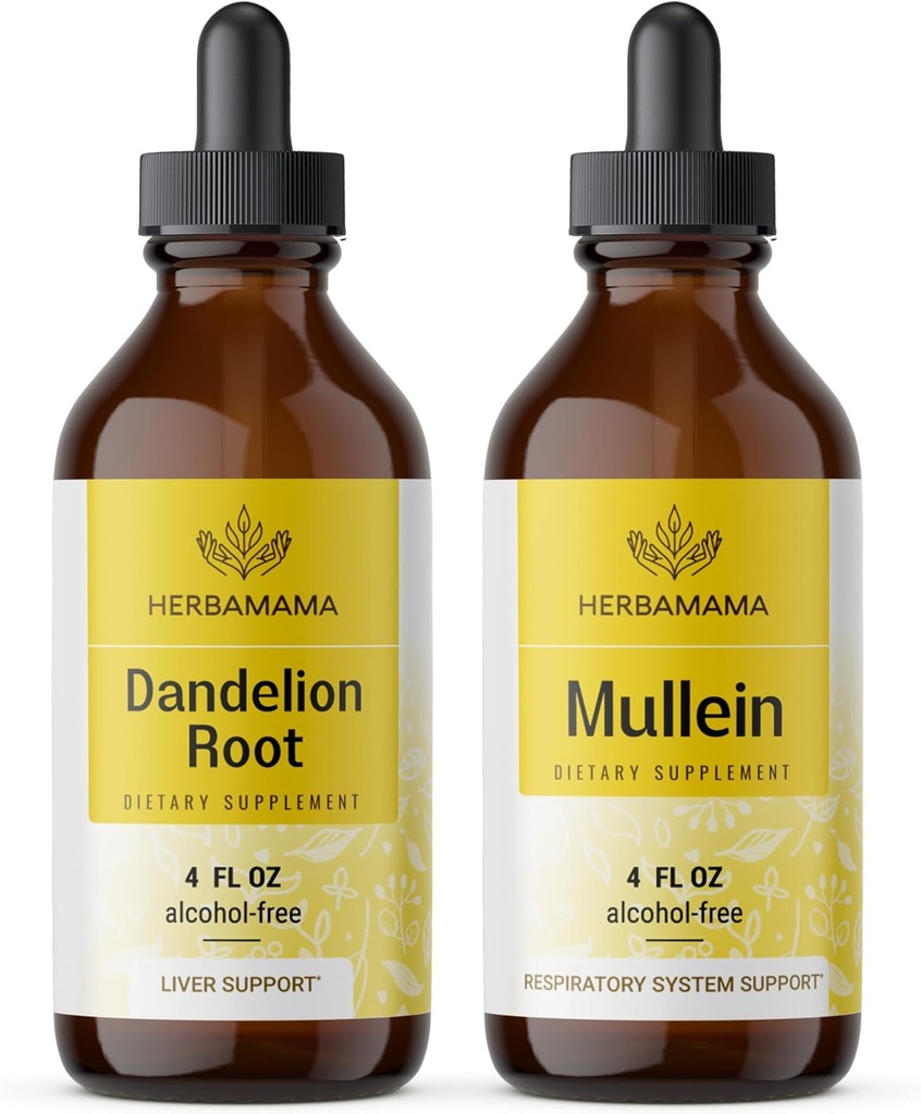 HERBAMA 허브 액체 드롭 키트 - 댄 델리온 루트 및 Mullein 잎 Tincture 4 fl oz의 번들 - Vegan, Non-GMO, Sugar & Alcohol-Free - 2 Pack