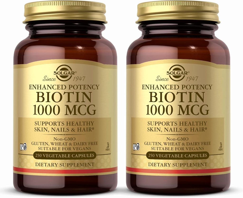 Solgar Biotin 1000 mcg, 250 식물성 캡슐 (팩 2) - 건강한 피부, 손톱 및 헤어 - 에너지 대사 - 향상된 효능 - 비 GMO, Vegan, 글루텐 무료, 낙농장 무료, 고셔 - 500 서빙