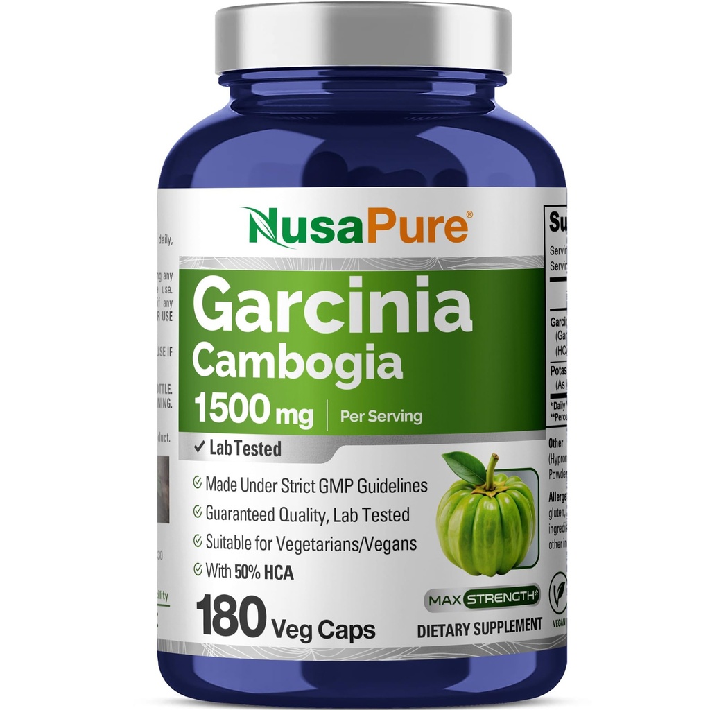 NusaPure Garcinia Cambogia 180 Veggie 캡슐 1500mg (채식, 비 GMO, 채식)