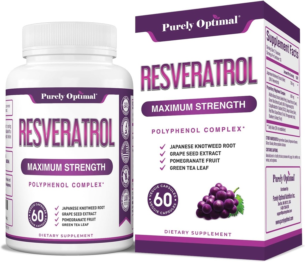 Purely Optimal Resveratrol 보충 1500mg - 일본 Knotweed, Polyphenol Complex의 Trans-Resveratrol - Graceful Aging, Vitality, Cognitive 및 피부 건강 지원 – 60 Vegan 캡슐