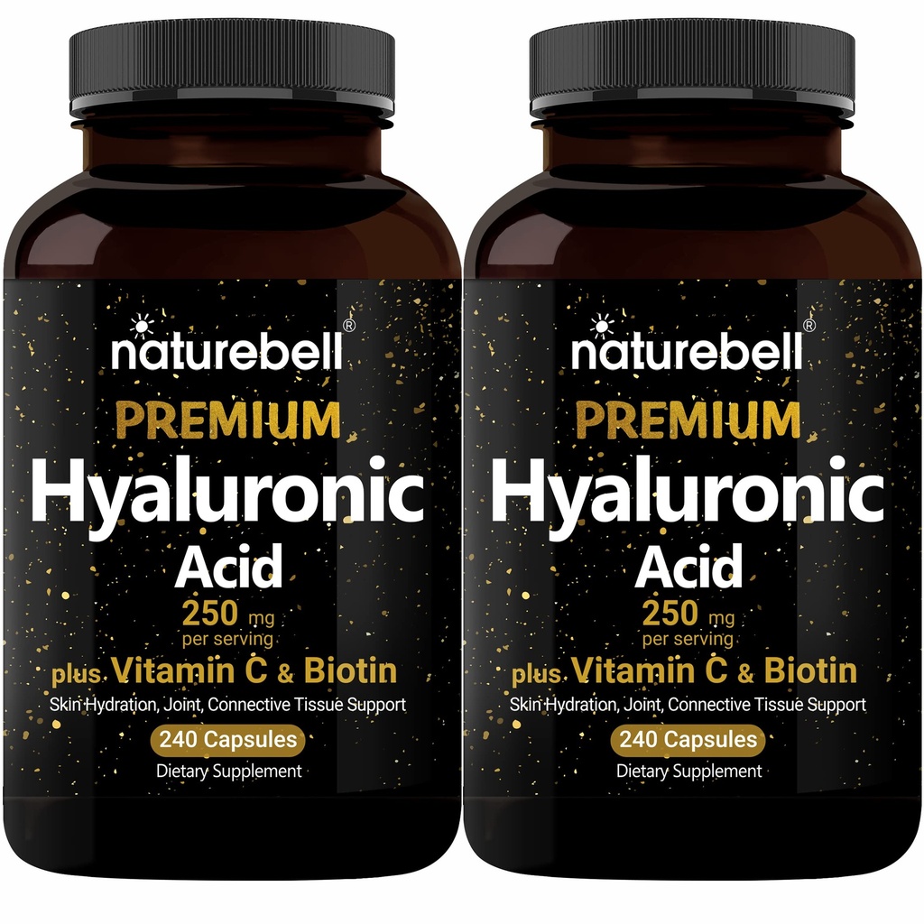 NatureBell 2 Pack Plant based Hyaluronic Acid는 25mg 비타민 C & Biotin 5000mcg, 480 총 캡슐을 가진 250mg을 보충합니다 | 머리 성장, 합동 지원, & 수화 피부의 본질 | Non-GMO