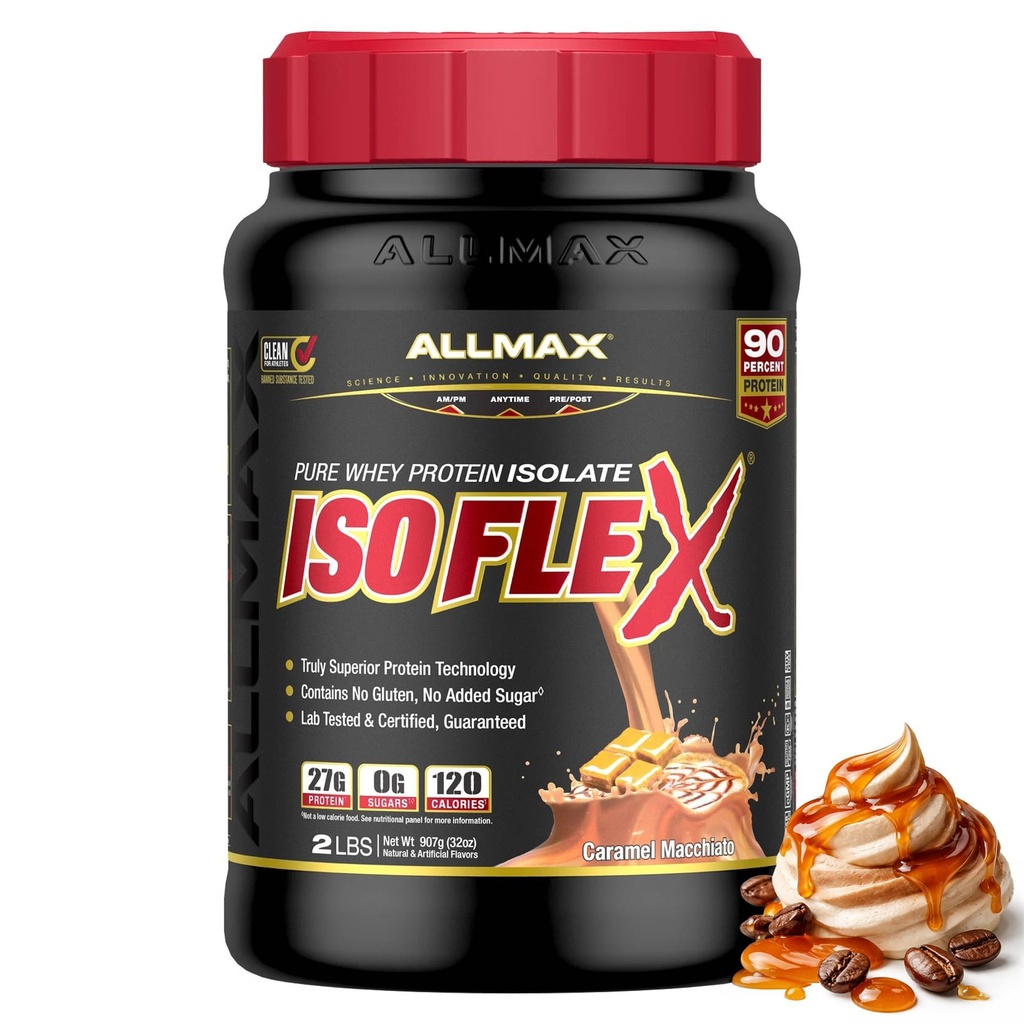 ALLMAX 영양 ISOFLEX Whey Protein Isolate, Caramel Macchiato - 2 lb - 27 Scoop 당 단백질의 그램 - Zero Fat & Sugar - 99 % Lactose 무료 - 글루텐 무료 & Soy 무료 - 약 30 인분