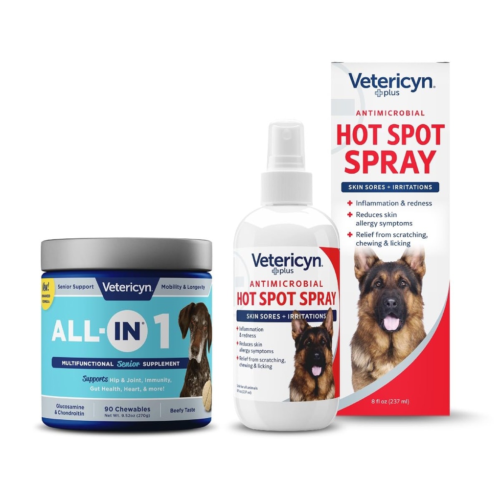 Vetericyn All-in 1 Glucosamine 및 Vetericyn Plus 핫스팟 스프레이와 다기능 수석 개 보충교재