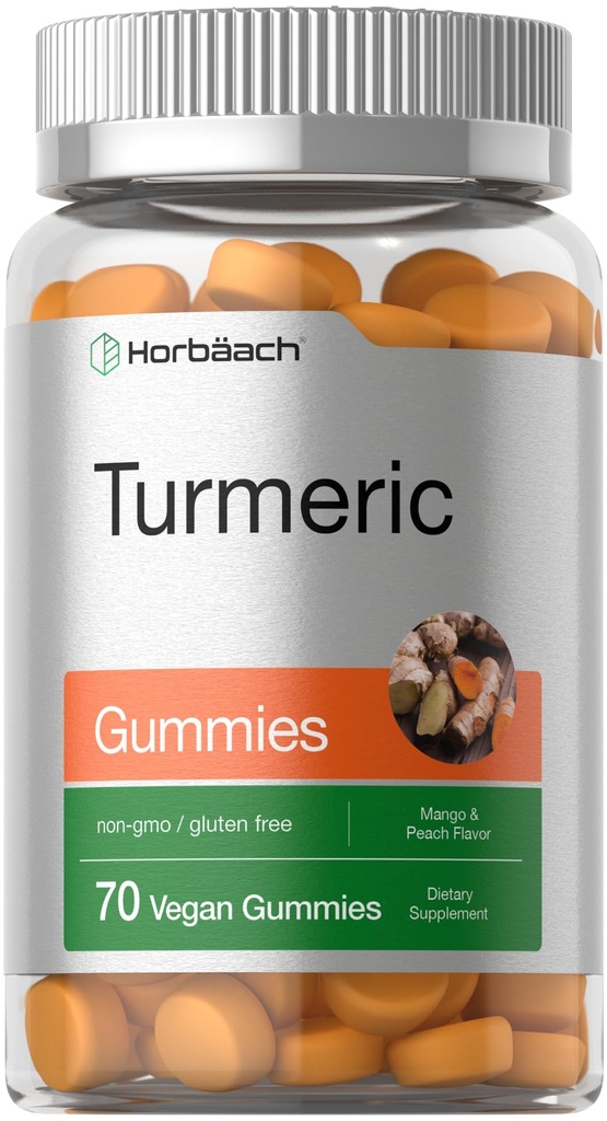 Horbäach Turmeric Gummies | 70 개 | 망고 & 복숭아 맛 | Ginger가있는 Turmeric Curcumin | Vegan Non-GMO 및 글루텐 무료 보충