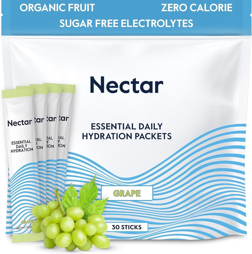 Nectar Hydration Packets - Electrolytes Powder Packets - Sugar Free & 0 Calorie - Dehydration Relief & Rapid Rehydration (Grape 30 Pack) 용 유기 과일 액체 일일 IV 전해질 분말