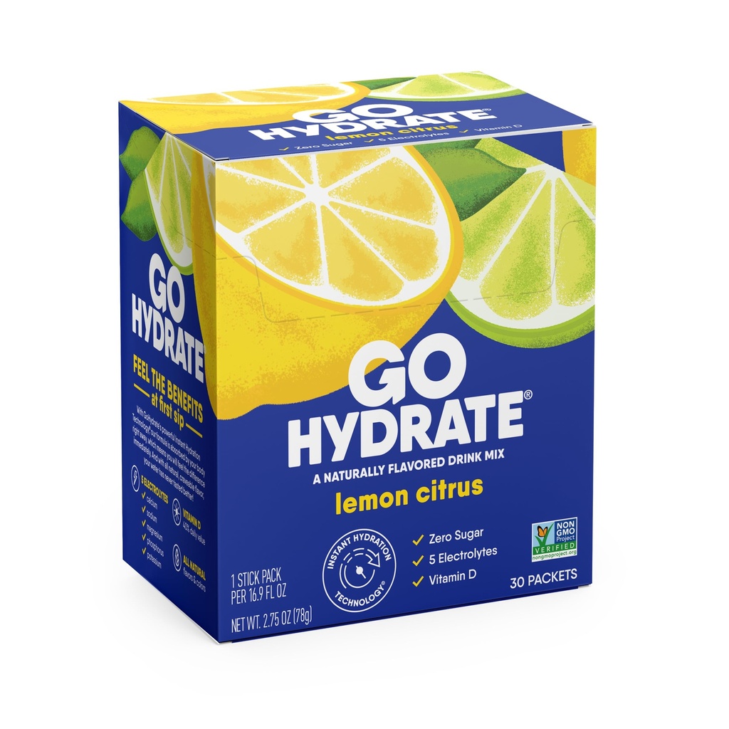 GoHydrate Instant Hydration Powder Packets - 낮은 나트륨 Electrolytes 음료 혼합 - 천연 수분 지원, 설탕 무료 비타민 D, 30 팩, 레몬 감귤류와 함께 맛 분말 음료