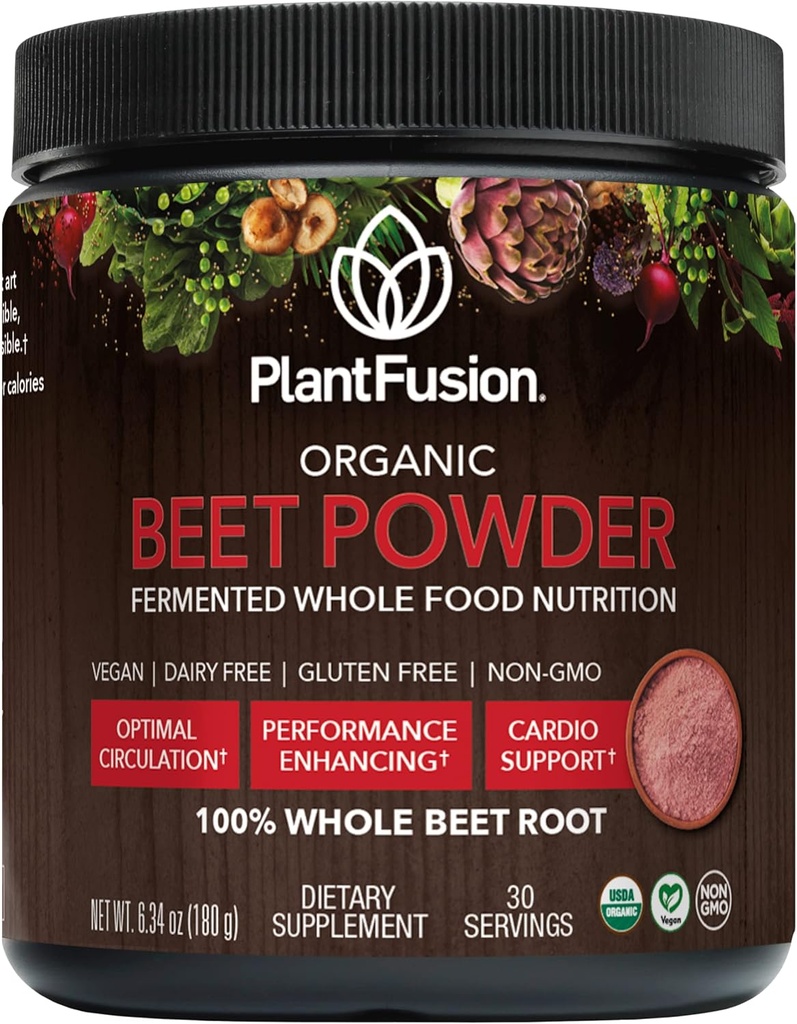Plantfusion Organic Beet Root Powder - Superfood Beet Supplement to Support Blood Flow & Circulation - 발효 식품 영양 - 비 GMO, Vegan, 글루텐 프리, 6.34 온스 30 서빙