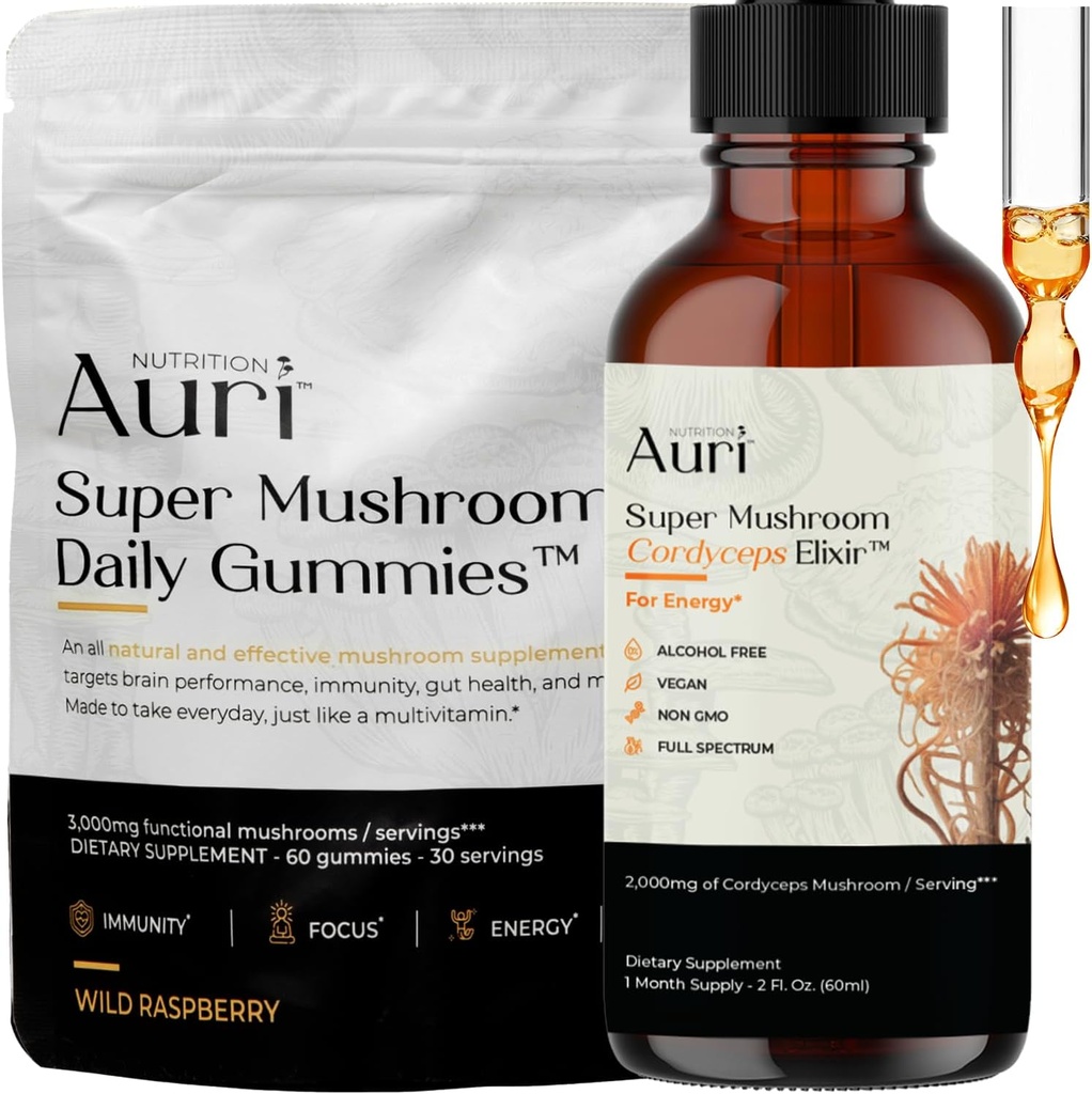Auri Energy & Immune Boost Pack 슈퍼 버섯 매일 Gummies Cordyceps Elixir 번들 - 초점, 체력 및 장수를위한 매일 웰빙 - 60 Gummies + 60ml Tincture