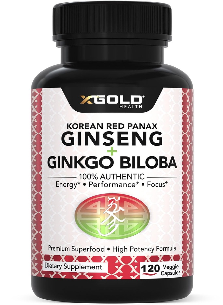 Authentic Korean Red Panax Ginseng 1200mg + Ginkgo Biloba 160mg - 높은 Ginsenosides 추가 강도 - 에너지, 메모리, 초점 및 두뇌 건강 - 남성 및 여성을위한 Vegan 캡슐 - 120 개
