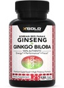 Authentic Korean Red Panax Ginseng 1200mg + Ginkgo Biloba 160mg - 높은 Ginsenosides 추가 강도 - 에너지, 메모리, 초점 및 두뇌 건강 - 남성 및 여성을위한 Vegan 캡슐 - 120 개