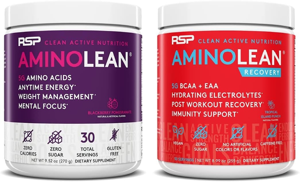RSP NUTRITION AminoLean Pre Workout Energy (BlackBerry Pomegranate 30 서빙) AminoLean Recovery Post 운동 부스트 (Tropical Island Punch 30 서빙)